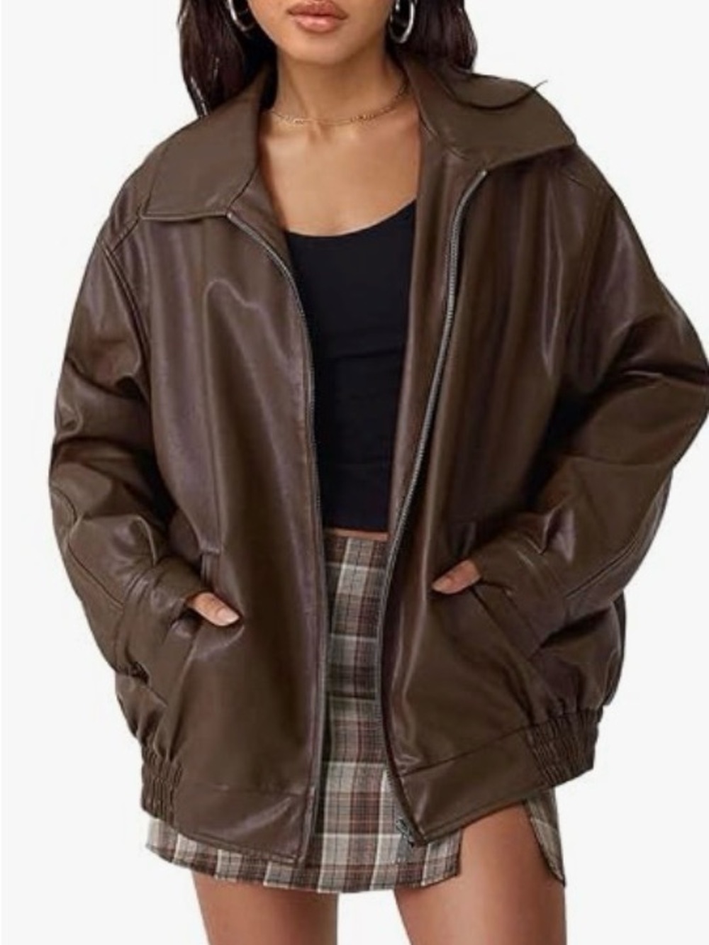 Brown Faux Leather Bomber Jacket - Women
